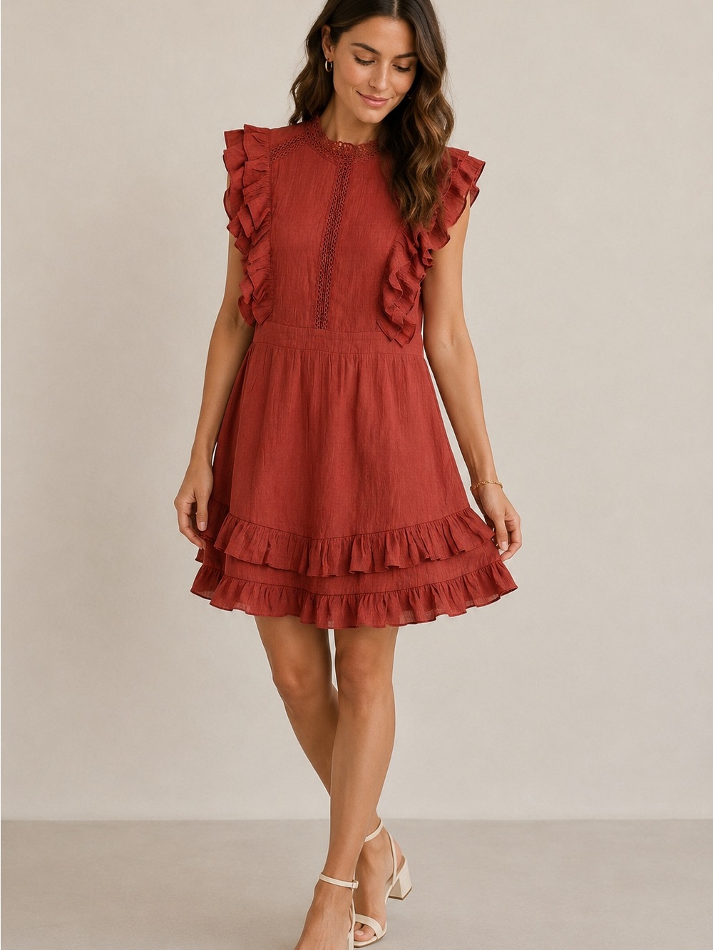 NWT Saints + Secrets Rust Ruffle Mini Dress High Neck L